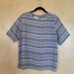 Vintage Silk Top Art Nouveau Print Tan Black Navy Size Large